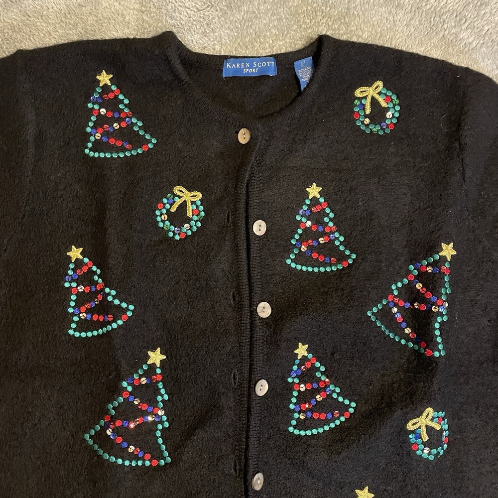 Karen Scott Sport Women Black Boiled Wool Christmas Tree Cardigan Blazer XL